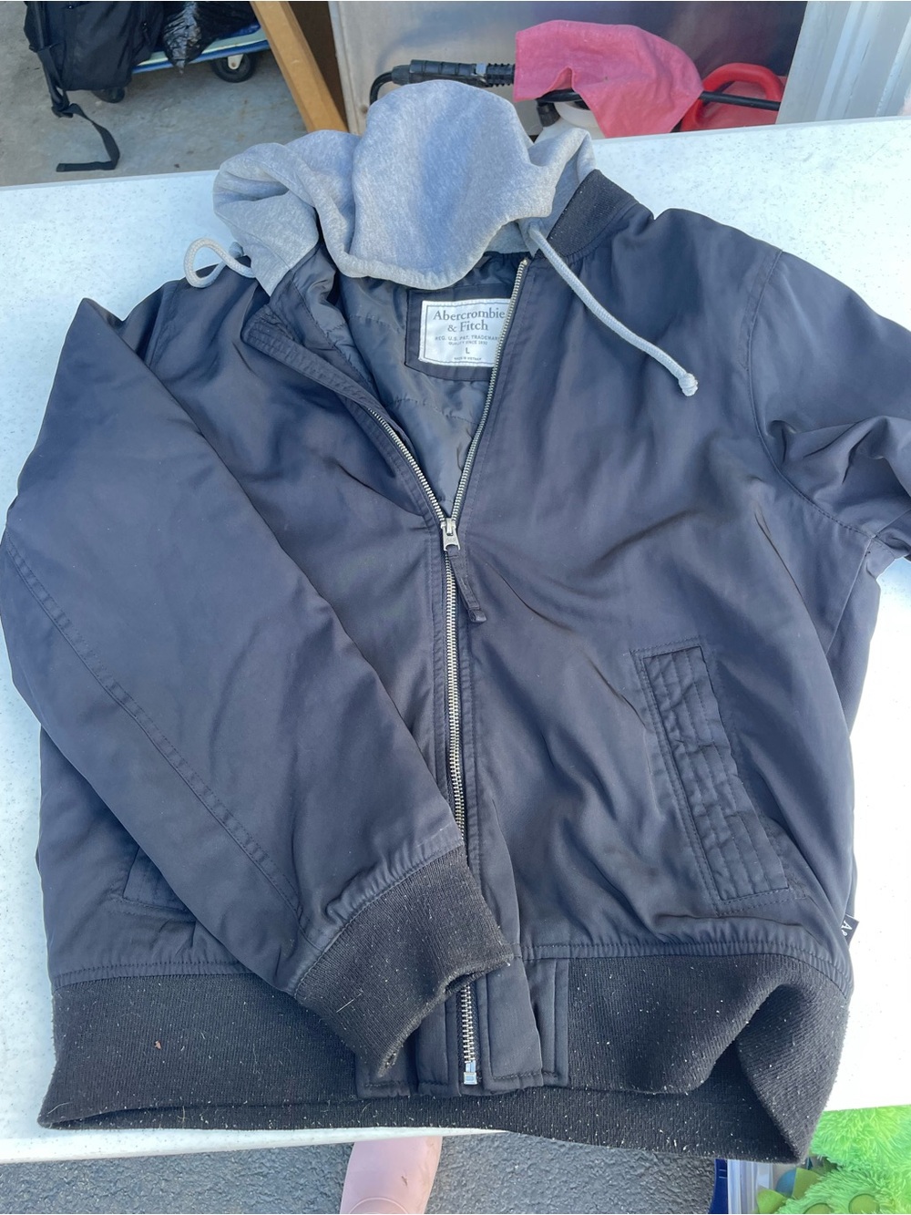 Abercrombie & Fitch Navy Bomber Jacket with Grey Hood